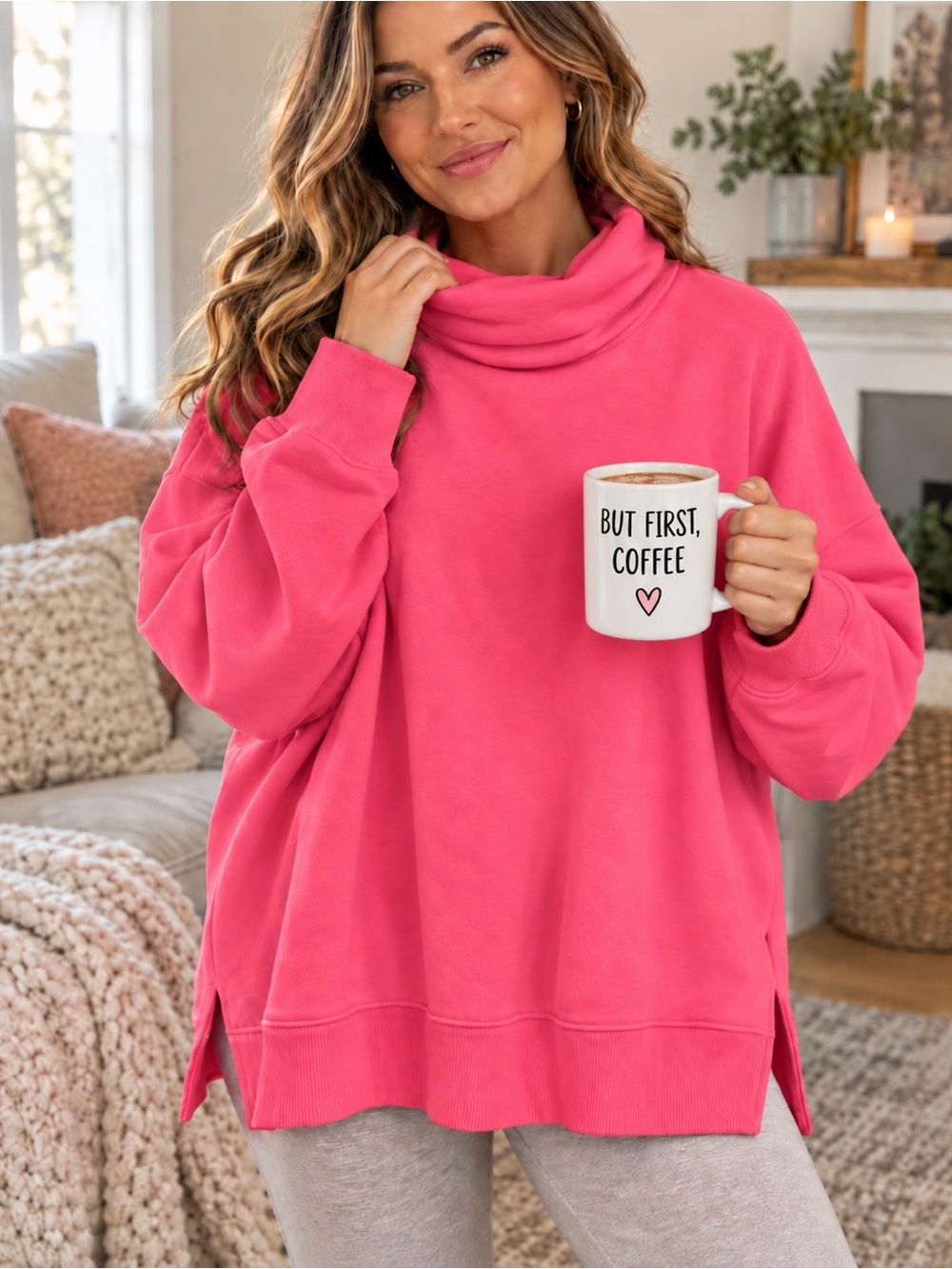 aerie Cozy Cowl Neck Pullover Sweater - Hot Pink Size Large